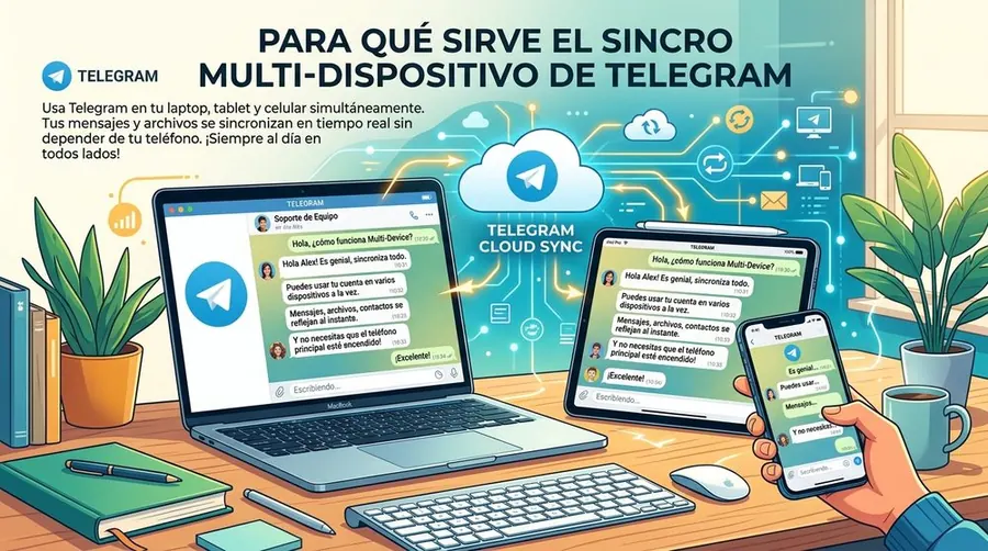 Ilustración de la sincronización multi-dispositivo y funciones de Telegram