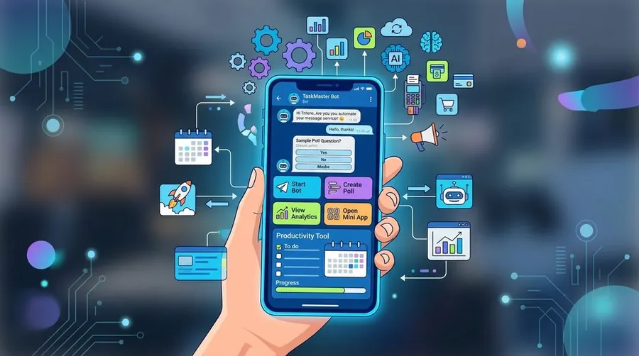 Ilustración de bots interactivos y automatización en Telegram