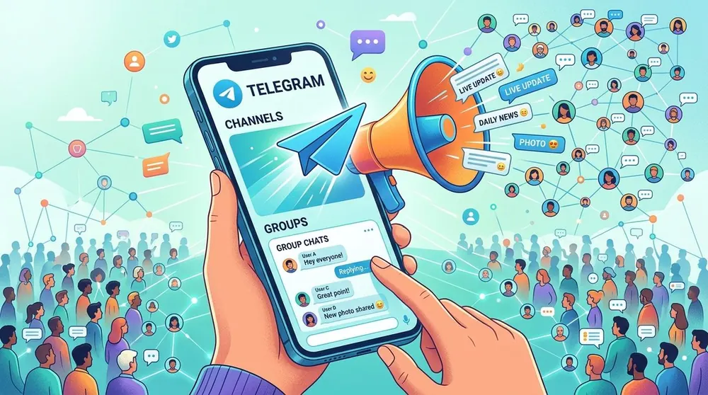 Ilustración editorial de difusión en canales y grupos de Telegram
