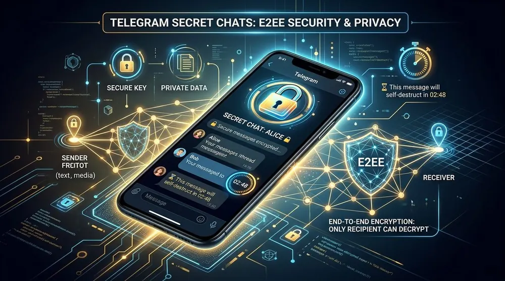 Ilustración de seguridad y cifrado end-to-end en chats secretos de Telegram