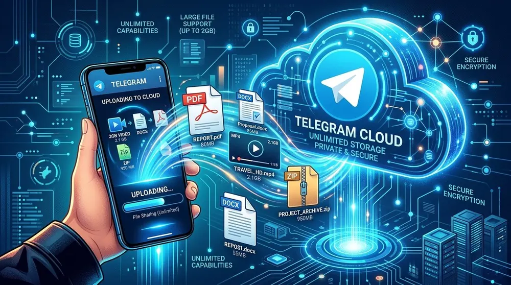 Ilustración de envío de grandes archivos y almacenamiento en la nube en Telegram