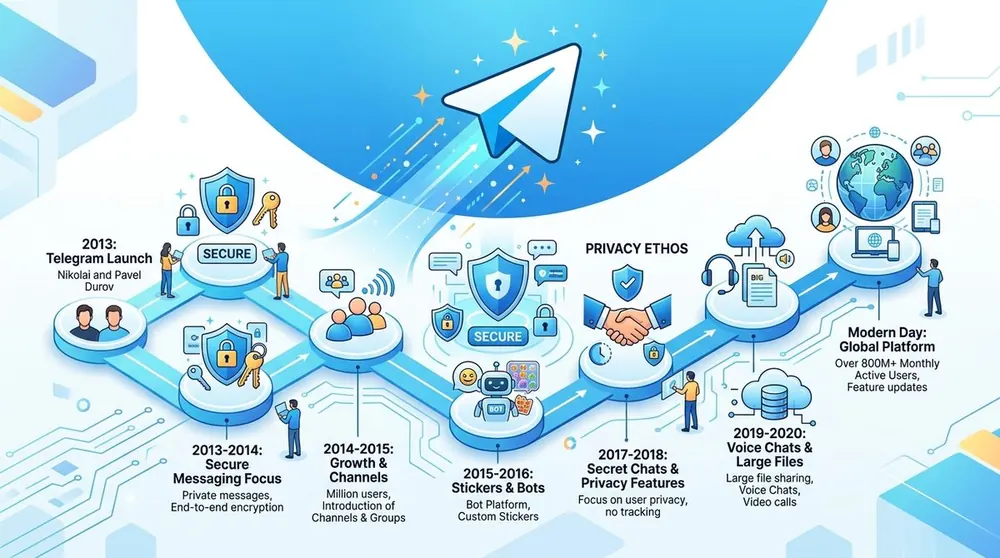 Infografía de la historia, evolución y lanzamiento de Telegram