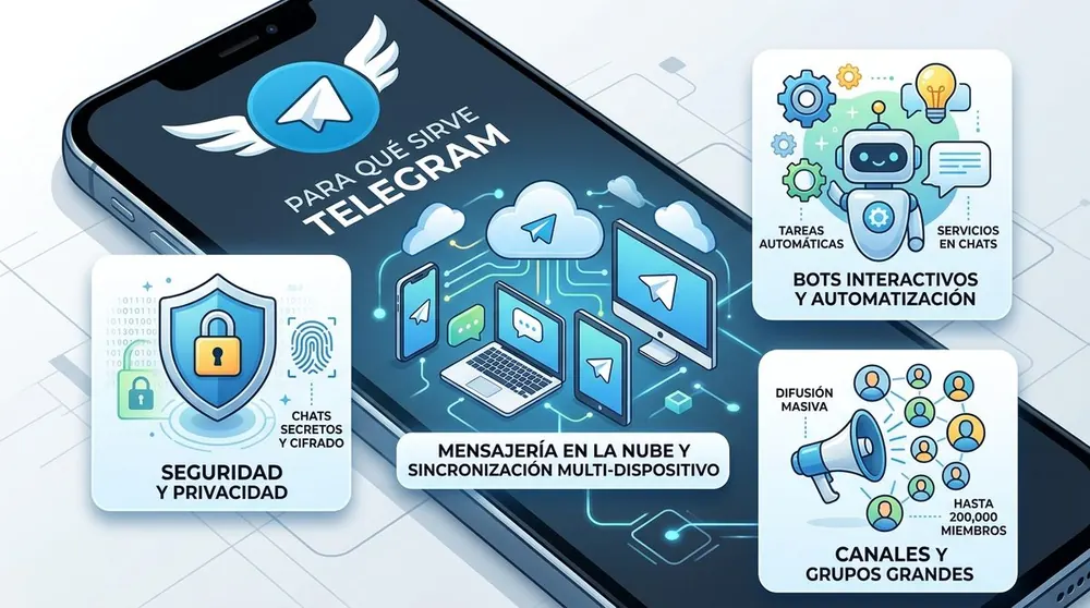 Ilustración de la aplicación Telegram mostrando funciones principales, seguridad y bots