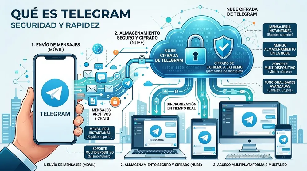 Ilustración de la arquitectura en la nube de Telegram y clientes móviles