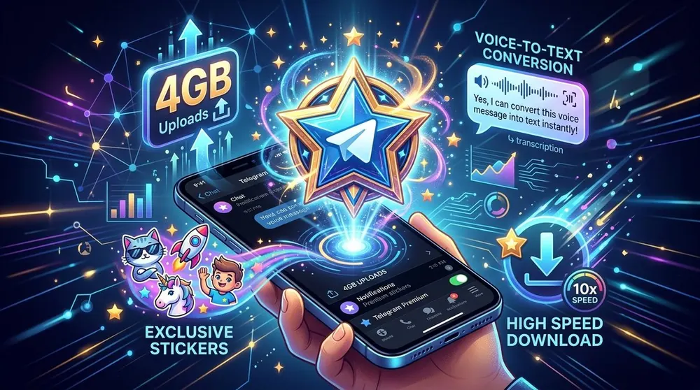 Ilustración de Telegram Premium con insignia de estrella y funciones avanzadas