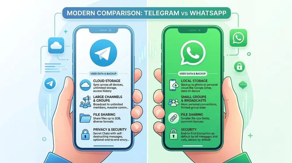 Gráfico comparativo entre Telegram y WhatsApp en pantallas de smartphone